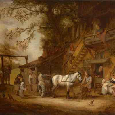 Figures Loading Barrels on a Wagon Outside a Country Inn