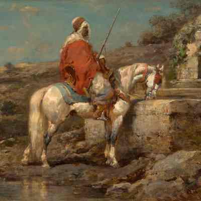 Arab Warrior on Horseback Stopping at a Well