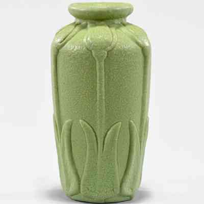 Vase with Experimental Curdled Lime Green Glaze, Tulip Design