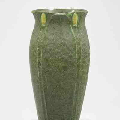 Vase Green Glaze with Yellow Flower Buds Around the Rim