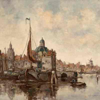 View of a Port with a Distant Windmill