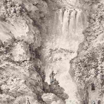 Eastern Figures Beside a Waterfall