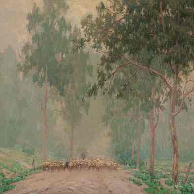 A Shepherd and his Flock in the Early Morning Mist