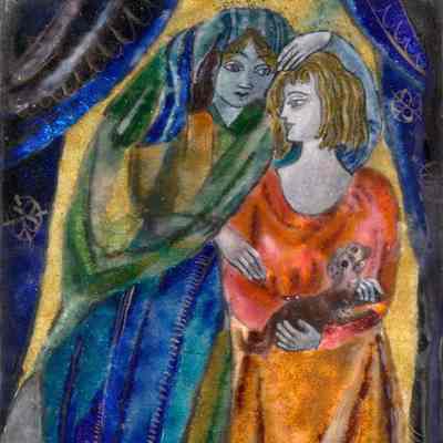 Plaque: Two Women with a Dog
