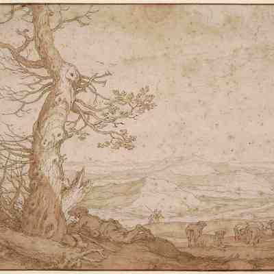 Landscape with Tree Trunks and a Resting Shepherd