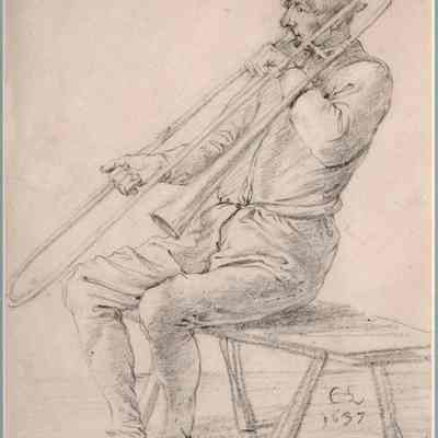 A Seated Man Playing a Sackbut
