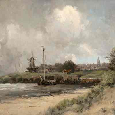Shoreline with Windmill and Distant Village