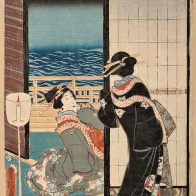 Two Beauties, Genji Surrounded by Beauties in a Terraced Room Overlooking Sodegaura
