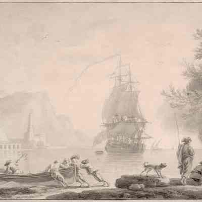 A Harbor Scene with Fishermen Pushing a Boat into the Water