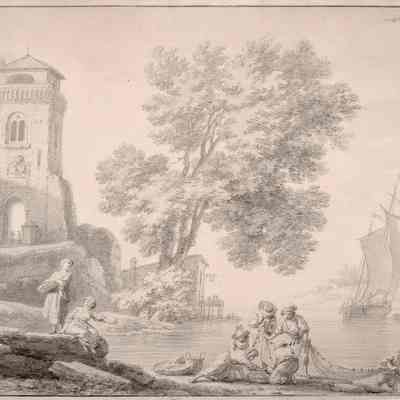Fisherfolk on the Shore Pulling in a Net Near the Entrance of a Town