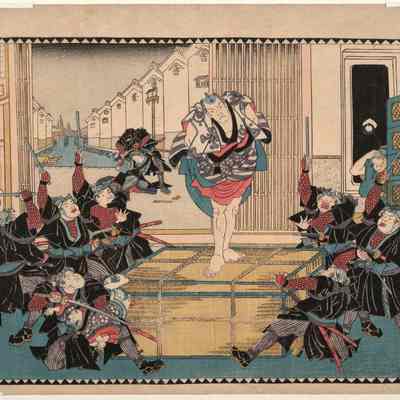 Act X: Gihei stands on a chest as he defies the ronin