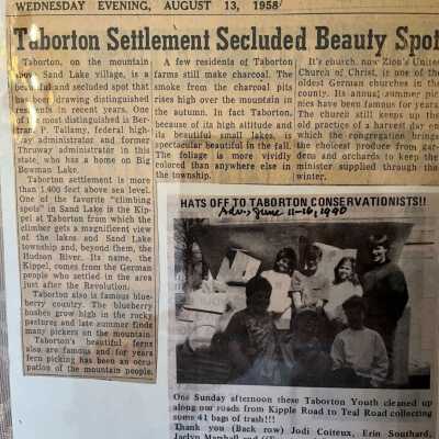 2 news articles: "Taborton settlement seculed beauty spot" Times Record, Aug 13, 1958. "Hats off to Taborton conservationists!!" The Advertiser, June 11-16, 1990.