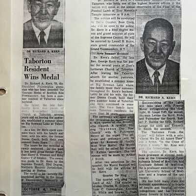 "Noted Doctor, High Mason..." news article, 1963 and "Taborton Resident Wins Medal," news article Oct. 4, 1966. Sources unknown.: Articles re: Dr. Richard Kern