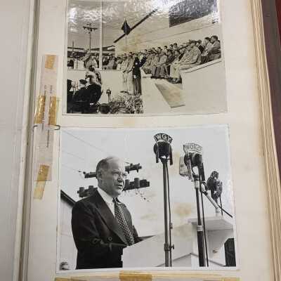 Excerpt from the Simmons Army-Navy Production Award Scrapbook: Two of numerous photos newspaper articles stored in the scrapbook.
