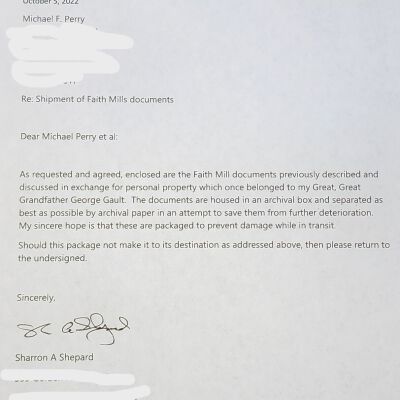 Cover Letter: Cover letter transmitting the Faith Mills documents from Sharron in California back to Sand Lake.