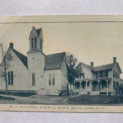 Methodist Episcopal Church, Averill Park, Sand Lake, NY: Postcard of the church that would later be converted to the Sand Lake Town Hall and current Sand Lake Center for the Arts.  Donated to SLHS by the Grafton Historical Society.