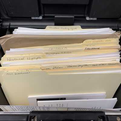 Box of SLHS Organizational Records: Primarily compiled by Joan Fuess.  Stored on top of SLHS-FC5 along with a large expandable folder of recent "SLHS financial records."