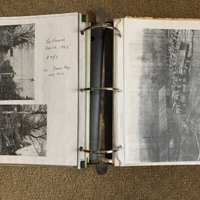 Left: Christmas tree related then and now photo: Right:  1890's Teal Steam Sawmill photo
