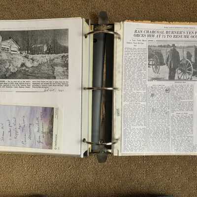 Left: 1981 flooding in front of Taborton Fire Department newspaper photo: Right:  Nicolas Teal charcoal production article