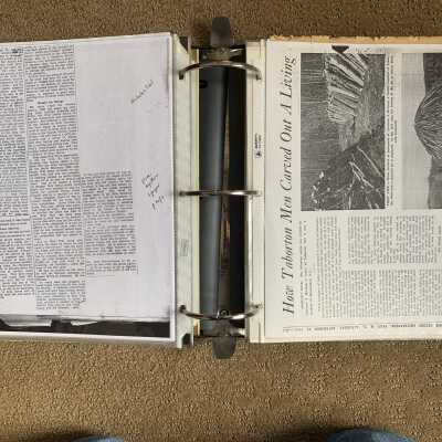 Left: Nicolas Teal charcoal production article continued: Right:  Charcoal making article page 1