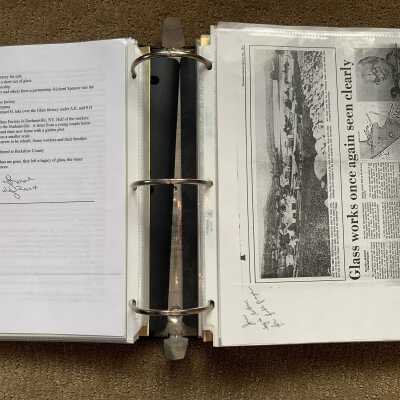 Left: Glass Factory and Glass Lake Village history continued: Right:  1981 Sunday Record article about Glass Lake Village and the Rensselaer Glass Factory and Judy Rowe's research efforts.