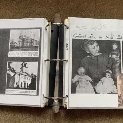 Left: First Presbyterian Church and Sand Lake Baptist Church photos: Right:  1959 Times Union Doll Museum article and Mrs. Lillian Eauclaire interview page 1