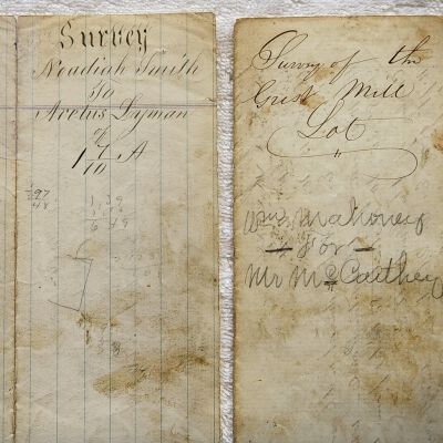 Doc # 33 Survey Documents 1810-04-17 and 1913-01-24 P2-of-3: Cover of April 17, 1810, survey results transmitted from Noadiah Smith to Aretus Lyman.  The survey also notes that it was for the Grist Mill lot.  A later pencil marking states, "Wm Mahoney for Mr. McCarthy." Refer to the prior document # 33 entry for more information.