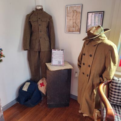 WWI Military Uniform and Essentials - View 2: Donated by the family of WWI veteran Enoch Llyod French.  French's letters home during WWI will eventually be curated and added to this system.