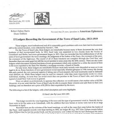 Summary of 15 Town of Sand Lake Ledgers 1813-1919