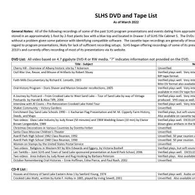 SLHS Lists of DVD, CD, and Tape Recordings: Two-page downloadable PDF