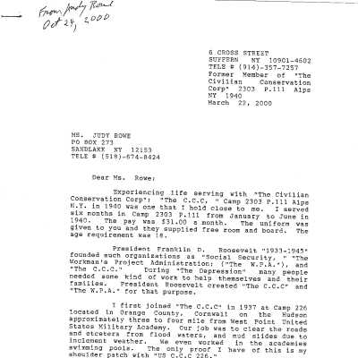 Civilian Conservation Corps Letter