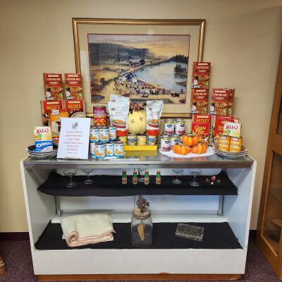 Display case of Averill Family-Owned Items: Left wall of the main entranceway to Sand Lake Town Hall.  The items were donated to former SLHS President Joan Fuess who further donated them to the Town.