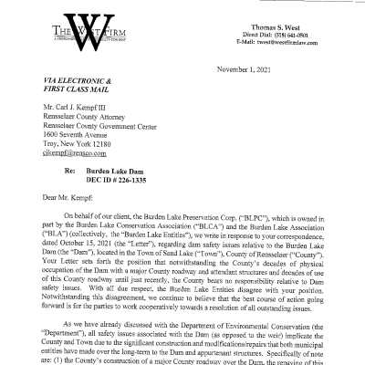BLPC letter to Rensselaer County Regarding Dam Issues: Five-Page downloadable PDF.