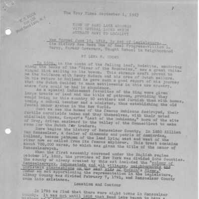 Likely Research Notes for Troy Times/Record Article - 1: Likely research notes for a September 1, 1963, Troy Times article regarding Sand Lake by Lena H. Coons.  Notes that former NYS Governor Willian L. Marcy has ties to Sand Lake based upon notations made on page 526 of Sylvester's 1880 History of Rensselaer County.  Refer to the Publications folder of this site for additional information regarding the Syvester History.