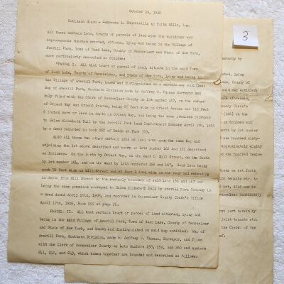 Doc # 3 Real Property Notations 1948-10-19 FPO: Robinson House transfer from Lawrence A. Churchville to FM.  Perhaps was a draft of notations included in a more formal agreement. Detailed notations regarding the location of property located on Orient Avenue and Orient Way in Averill Park apparently being sold or transferred to FM . Other names involved include Helen Elizabeth Bull, G. DeWitt Robinson, Walter S. Robinson and Jeffery P. Thomas surveyor.
