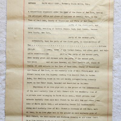 Doc # 4 Indenture / Easement 1959-10-16 FPO: Arthur M. Butler for FM to Meyer Levine of East Nassau, NY.  Formal agreement to allow a driveway easement for a property known as the Tabor House located on Mill Street in Averill Park. Other names involved include John J. Mackrell and William J. Mahoney.