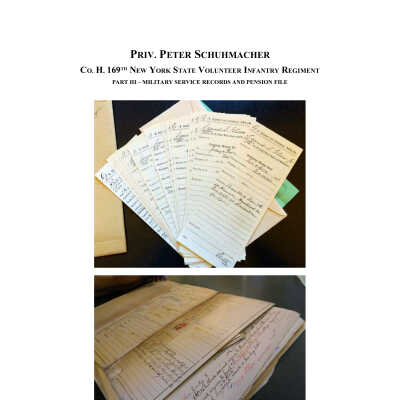 Peter Shoemaker Military History - Part III: Peter's signature in the original German is on page 30 and military survey response appears again on pages 7 and 8.  Granddaughter Sharon A. Shepard once lived in one of the Faith Mill houses picture on page 37.