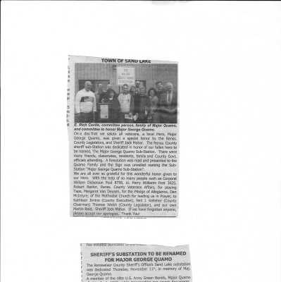Major Quamo Rensselaer County Sheriff's Substation: Newspaper articles regarding the naming of a Rensselaer County Sheriff's Substation in honor of Major Quamo.  Downloadable PDF document.  Hardcopy located in the Major George Quamo folder stored in Drawer 1 of SLHS File Cabinet 2 on the 2nd floor of Town Hall.