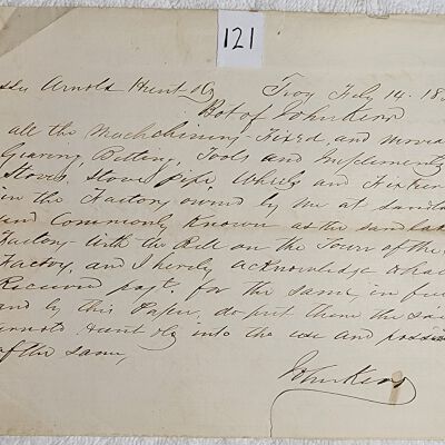 Doc # 121 Receipt 1854-02-14 FPO: John Kerr to Arnold, Hunt & Co.. Certifies payment in full of an unspecified sum for the sale of all the equipment and materials in Kerr's "Sand Lake Factory" to Arnold, Hunt & Co.. One-page, single-sided, handwritten receipt.