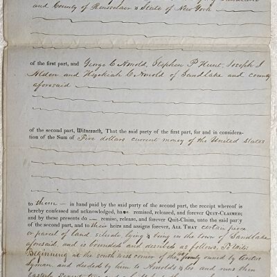 Doc # 123 Indenture 1854-03-01 FPO: A. V.P. Gregory and Sarah Gregory to George C. Arnold, Stephen P. Hunt, and Joseph J. Alden. Deeds land in Sand Lake from the Gregories to Arnold, Hunt and Alden.