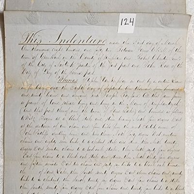 Doc # 124 Indenture 1852-03-01 P1-of-2: James C. Bell and Robert Christie, Jr., to John Kerr. Three-page beautifully handwritten, but difficult to read, deed of land from Bell and Christie to Kerr. Reference other deeds dating back to 1790.