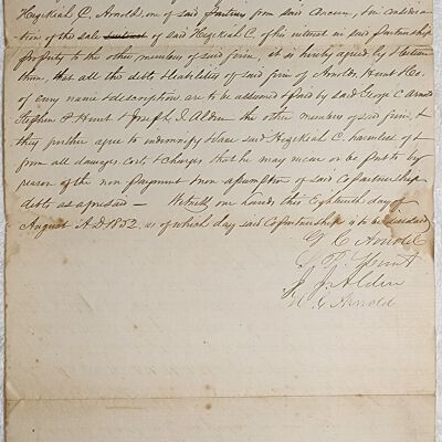 Doc # 125 Agreement 1852-08-18 FPO: Arnolds, Hunt & Co. dissolution agreement between Stephen P. Hunt, Joseph J. Alden, Hezekiah C. Arnold, and George C. Arnold. Appears to hold Hezekiah harmless for some reason.