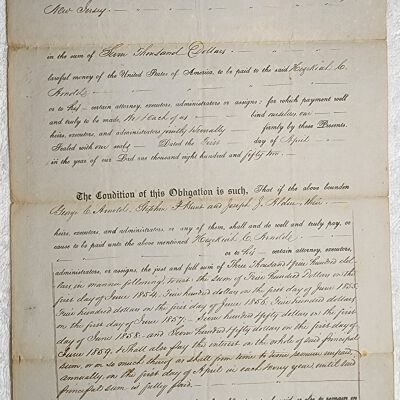 Doc # 126 Bond 1852-04-01 FPO: George C. Arnold, Stephen P. Hunt, and Joseph J. Alden to Hezekiah C. Arnold. Specifies provisions for Hezekiah lending $3,000 to Hunt, Alden, and the Arnolds. Noted as being paid in full with the signatures scratched as further evidence of repayment.