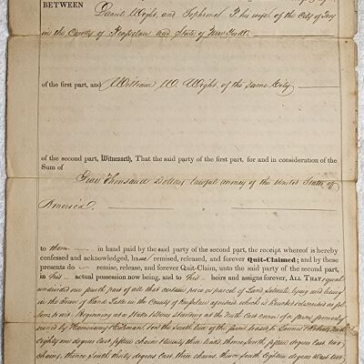 Doc # 127 Indenture 1848-12-28 P1-of-4: Daniel Wright and Wife to William W. Wright. Quit claim-deeds land from Daniel to William for $3,000.  Later notations indicate that the indenture was further assigned from William Wright to Joseph J. Alden in 1850.  The document is in extremely fragile condition and thus fully photographed.