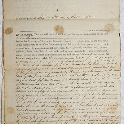 Doc # 128 Indenture 1850-03-01 FPO: Hezekiah C. Arnold and Martha Arnold to Stephen P. Hunt. Five-page largely handwritten deed that transfers land from the Arnolds to Hunt for $6,000.