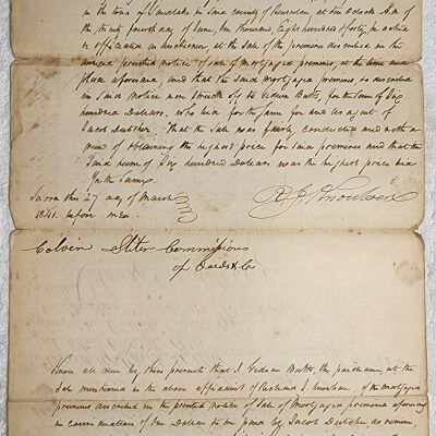 Doc # 132 Mortgage Foreclosure & Auction 1841-03-27 P1-of-2: Jacob Dutcher to Gideon Butts with Richard J. Knowlson apparently officiating an auction. Extremely difficult to read, but appears to record the results of a mortgage auction held at a Calvin Sliter's Tavern near Sliter's Corners. Jacob Dutcher foreclosed the $1,000 mortgage per document entry # 134.