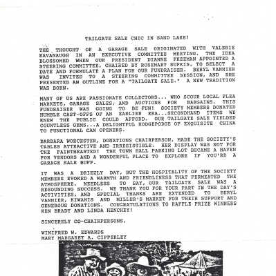 Tailgate Sale Chic in Sand Lake - by Winfred Edwards and Margaret Cipperly: Summary of methods used to conduct a SLHS sponsored Tailgate (antiques and other items) Sale in June of 1990 and resulting lessons learned.  PDF is available for download while logged into the system.  Hardcopy is available in Drawer 1 of SLHS File Cabinet 2 located on the 2nd Floor of Town hall.