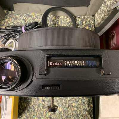 Kodak carousel 35mm Slide Projector - Front View: Stored on top of SLHS-FC4 in a Smith Carona typewriter case.