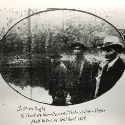 1908 Photo of Gilbert Miller, Conrad Teal, and William Taylor at Teal's Pond: Gilbert Miller lived across Taborton Road from Teal Pond, Conrad Teal owned Teal Pond where Hazel's body was found, and William Taylor was Hazel's uncle and suspected by many to have been Hazel's killer per the Amazing Graves script.