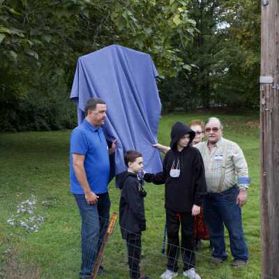 Unveiling 2: Current Fox Mansion Homeowners and Joan Fuess and Andy Mace providing the unveiling honors.